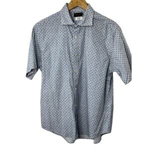 Thomas Dean Blue Print Short Sleeve Cotton Blend  Button-Up Shirt Men's Large